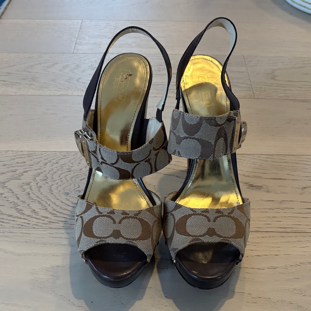 Coach Brown & Beige Signature Canvas Slingback Heels